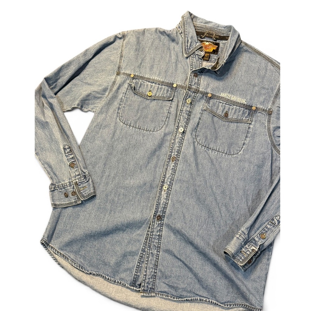 VTG Harley Davidson Denim Shirt Blue Biker Moto Long Sleeve Button Up Large Mens